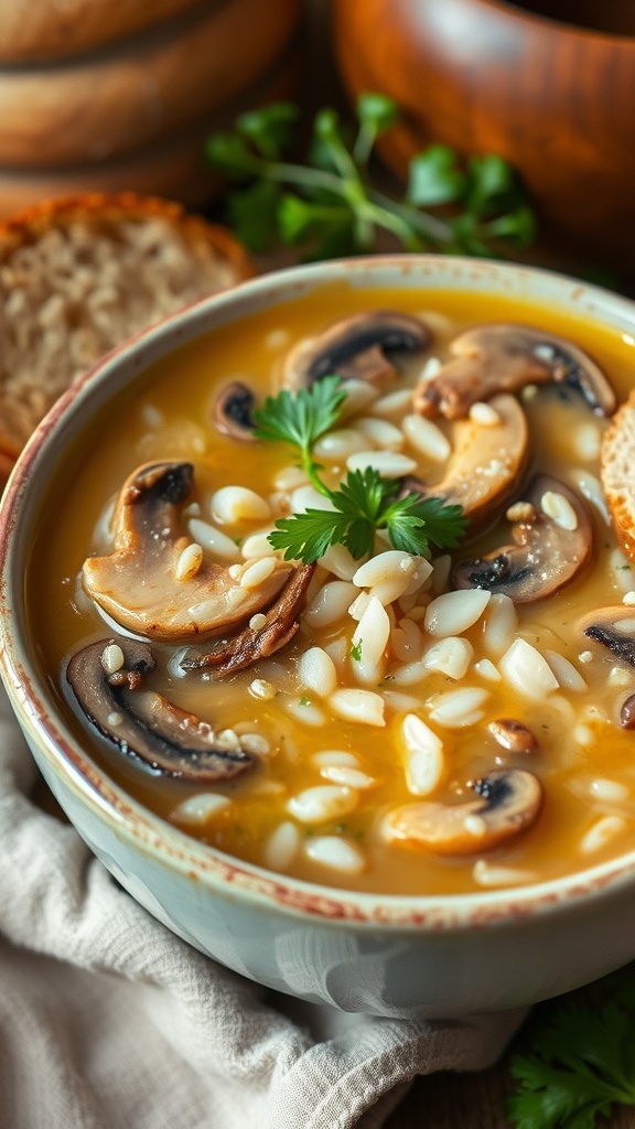 A bowl of creamy wild rice and mushroom soup garnished with parsley, accompanied by a slice of rustic bread.